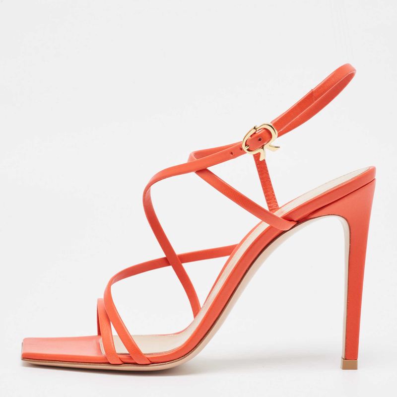 Gianvito Rossi Geom Size 36 Coral Red Leather Geom Strappy Sandals